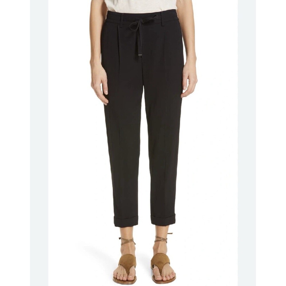 VINCE. Cuffed Jogger Pants MEDIUM Black ITALY FABRIC Pleats Tie Elastic Waist